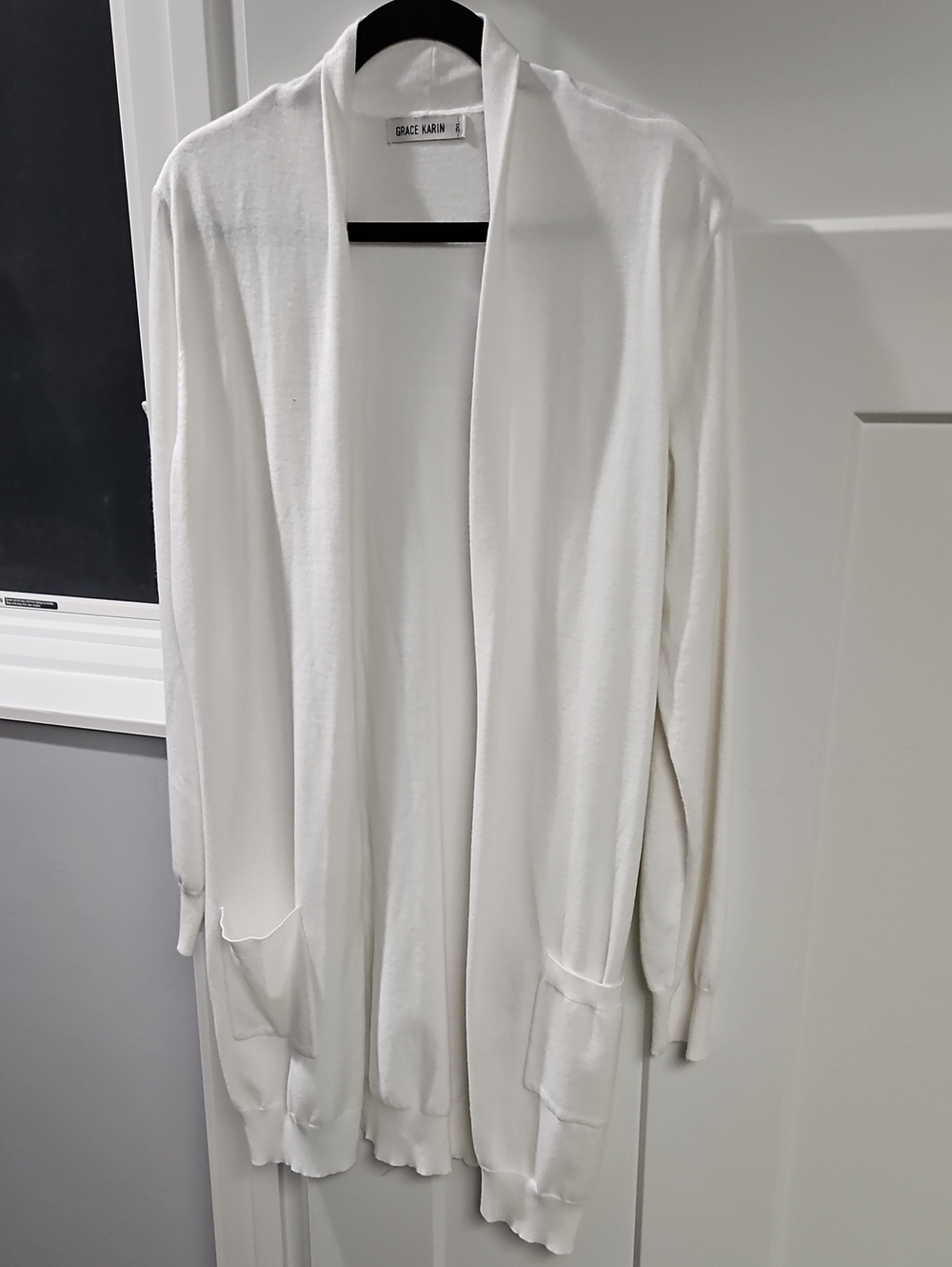 Grace Karin White Open-Front Long Cardigan with Pockets